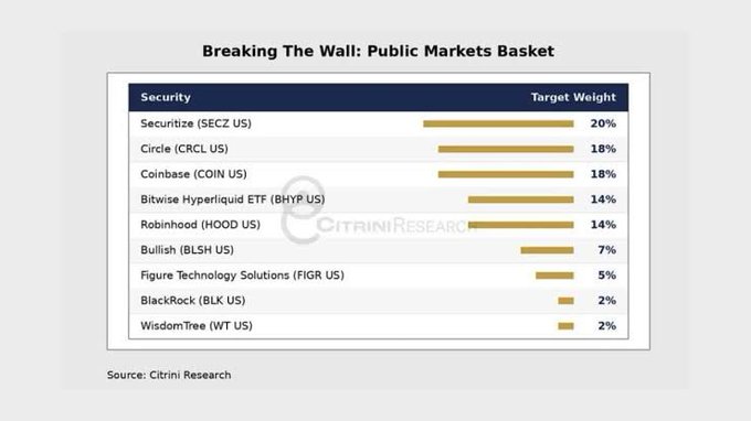 A bar chart titled 'Breaking The Wall: Public Markets Basket' from Citrini Research showing target weights for various crypto-related securities, including Securitize (SECZ US) at 20%, Circle (CRCL US) and Coinbase (COIN US) both at 18%, Bitwise Hyperliquid ETF (BHYP US) and Robinhood (HOOD US) at 14% each, Bullish (BLSH US) at 7%, Figure Technology Solutions (FIGR US) at 5%, and BlackRock (BLK US) and WisdomTree (WT US) at 2% each.
