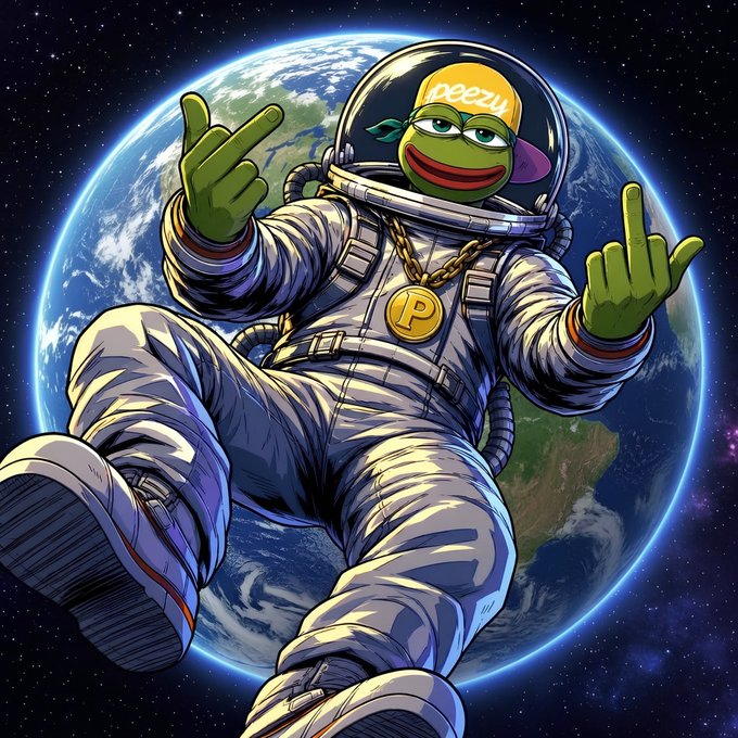 A digital illustration of Pepe the Frog dressed as an astronaut floating in space in front of Earth, wearing a yellow cap, gold chain with 'P' pendant, and making hand gestures.