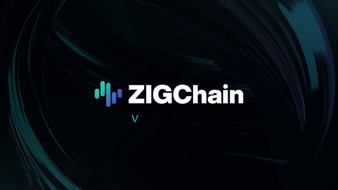 The image displays the ZIGChain logo centered against a dark, swirling background with teal and purple accents, featuring a stylized soundwave-like icon beside the text "ZIGChain." The bold branding reinforces the announcement of ZIGChain's strategic collaboration with ADI Chain, highlighting the company's role in bringing tokenization and product origination to the partnership.