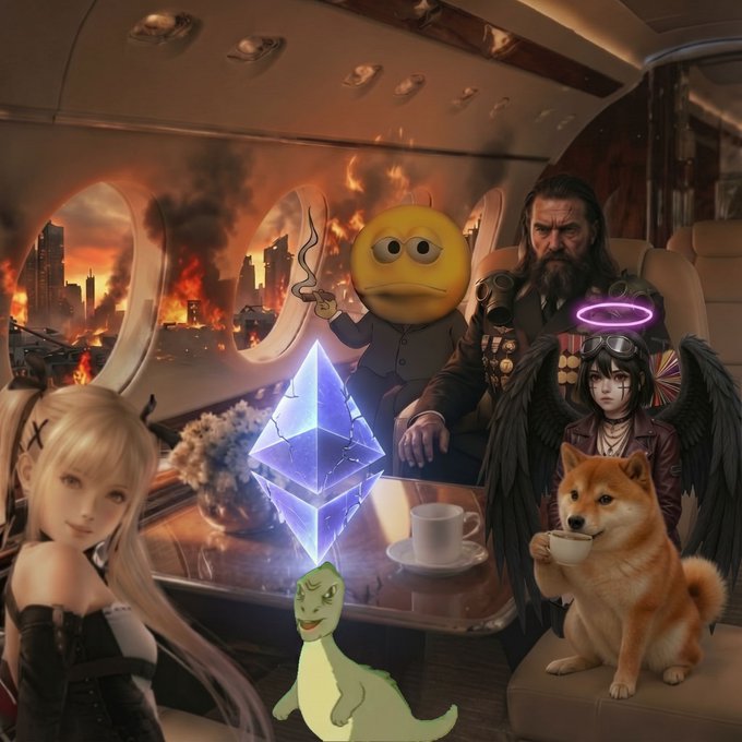 A diverse cast of crypto-themed characters—including an anime girl, an Ethereum diamond mascot, a Pepe seal, a cigar-smoking emoji, a bearded gunslinger figure, a winged protagonist, and a Shiba Inu—gather calmly inside a private jet while a fiery, dystopian cityscape burns outside the windows, ironically projecting serenity amid chaos.

The image contrasts the calm, first-class confidence of "established" Ethereum characters with the literal destruction visible through the windows, humorously framing the memecoin supercycle narrative as the insiders enjoying luxury while outside critics (or rival chains) burn.