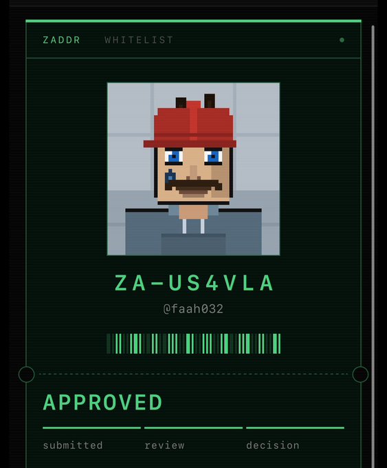 A digital whitelist approval card from Zaddr displays a pixelated avatar wearing a red cap with username "ZA-US4VLA" (@faah032) marked as "APPROVED," featuring a barcode and status indicators for submitted, review, and decision stages. The image appears to be shared as an example of successful approval for the @zaddrnet whitelist, with the post offering to nominate those who were rejected.