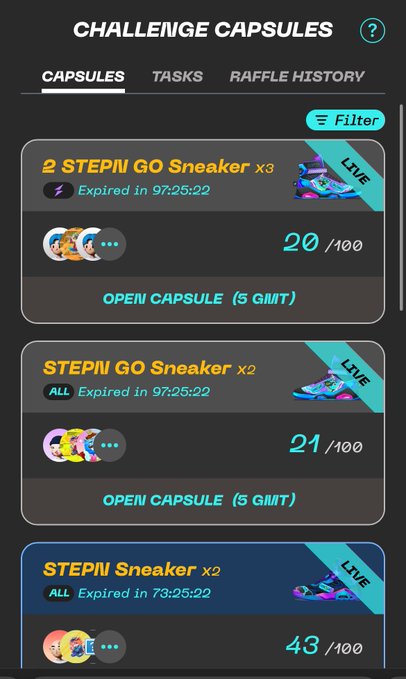 The image shows a smartphone screen displaying an interface with various lists of names, likely containing game scores or other types of information related to gaming challenges. The top left list shows "Challenge Capsules" at the center, while the bottom right displays several other lists such as "StepPiGo Go Sneaker X3", "Open Capule", and "Live". There is a post in a foreign language that appears to have a focus on "StepNggo" or "Stepn Go Sneakers x3", possibly related to challenges involving video games. The screen also features a conversation with the caption 'おっぁらずStepNggo アレント/StepNggo', which may be an AI-generated response to the post's content.