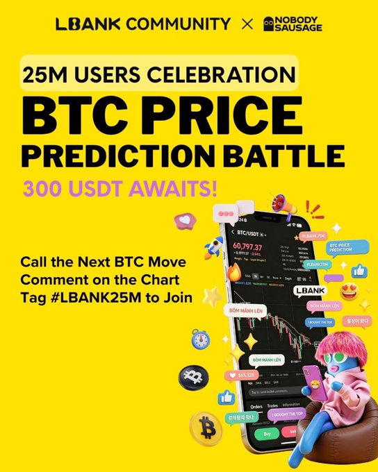The image features a poster for a Bitcoin Prediction Battle hosted by the LBank Community. The main visual element of this poster is an advertisement for Btc Price Prediction Battle, which appears to be sponsored by a bank named LBank. The advertisement includes a cell phone with various symbols and text related to the battle. It also includes a cartoon image of a person sitting on a chair with a cell phone in front of them, which gives a fun visual aspect to the campaign. The banner at the bottom announces that there is an "NEXT BTC MOVEMENT PREDICTION PREDICTION BPC", indicating a competition where users can predict the future price of Bitcoin based on charts and data provided by other participants.