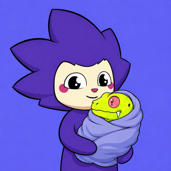 A cartoon-style drawing of a character with spiky purple hair and pink cheeks holding a green snake wrapped in a blue blanket against a solid blue background.