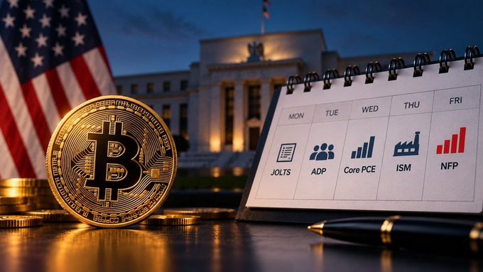 The image shows a Bitcoin coin beside an American flag, with the U.S. Federal Reserve building visible in the background and a calendar displaying key economic data releases: JOLTS, ADP, Core PCE, ISM, and NFP. It visually reinforces the post's warning about upcoming U.S. economic indicators that could significantly impact financial markets, including Bitcoin and crypto, given the context of rising bond yields and softer Core PCE inflation data.