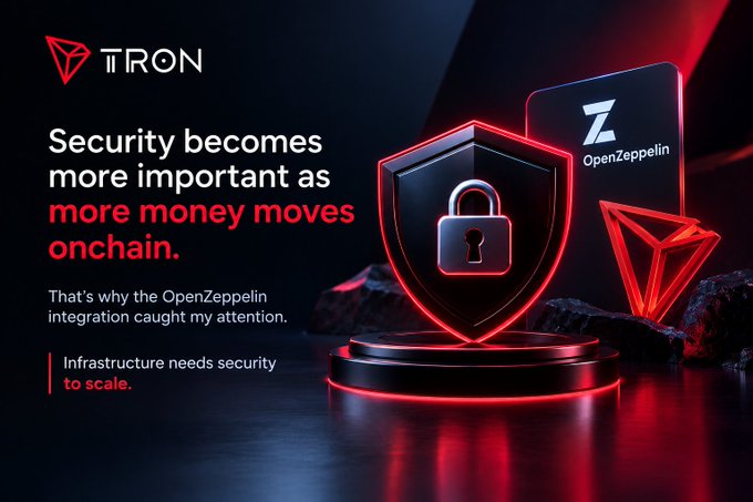 A promotional graphic for TRON featuring the OpenZeppelin logo, with text reading 'Security becomes more important as more money moves onchain. That's why the OpenZeppelin integration caught my attention. Infrastructure needs security to scale.' alongside a 3D red shield and lock icon.