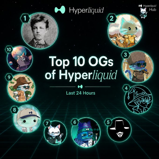 The image is a graphic with a list of Top 10 OGs from Hyper Liquid, along with their corresponding logos or images. The logos represent different characters or elements, including "ThinkingUSD", "@_stevenhl", "@ericonomic", "@ryandcrypto", "#_vikingoDigital", and "#Hyperliquid_Hub". The list also includes a caption explaining that the posts are from Proof of Hype and the latest 24-hour Post.