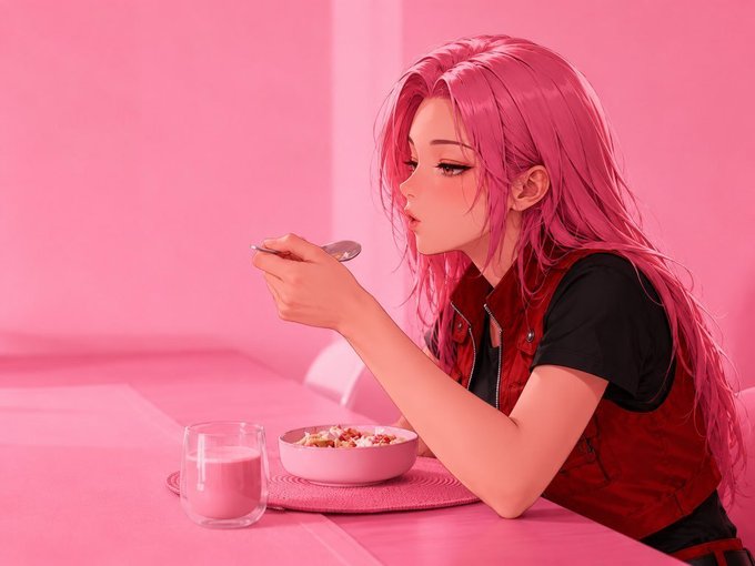 A stylized illustration of a young woman with vibrant pink hair eating cereal in a monochromatic pink room, wearing a red vest over a black shirt.