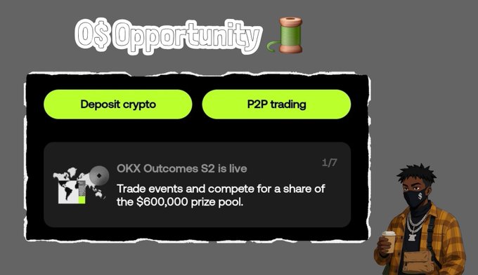 A promotional graphic for an exchange featuring the text '0$ Opportunity' with buttons for 'Deposit crypto' and 'P2P trading', announcing 'OKX Outcomes S2 is live' with a $600,000 prize pool, alongside an illustrated character.