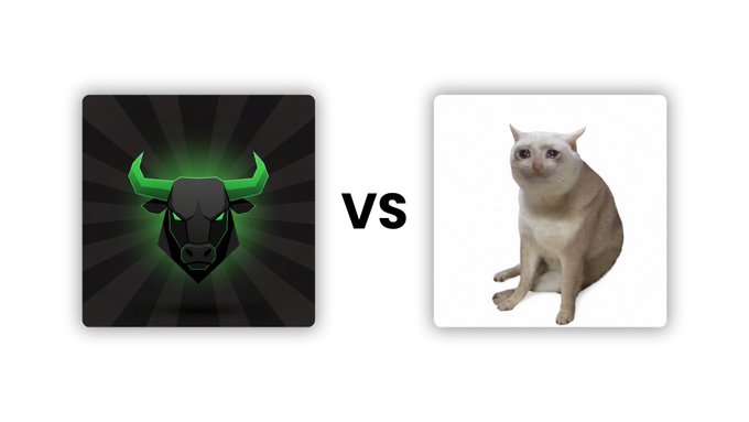 A split image showing a green bull logo on the left facing off against a light-colored cat on the right, separated by "VS" text, visually representing the rivalry between the $ANSEM bull-themed meme and $CASHCAT cat-themed meme coins.