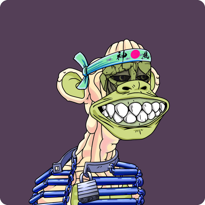 The image features a cartoon monkey wearing a bandana, with its teeth showing as it appears to be smiling. The monkey is depicted against a purple background, which contrasts with its greenish skin tone. There is also text present that reads "Mutant #9176 bought for 1.38 ETH 0xfB1e...4dE1 0x2081..." and "Return to Monke: opensea.io/collection/mut ... mutants are insane". The monkey's position in the image, along with its bandana and teeth, creates a playful and humorous scene that is likely intended for amusement or entertainment purposes.