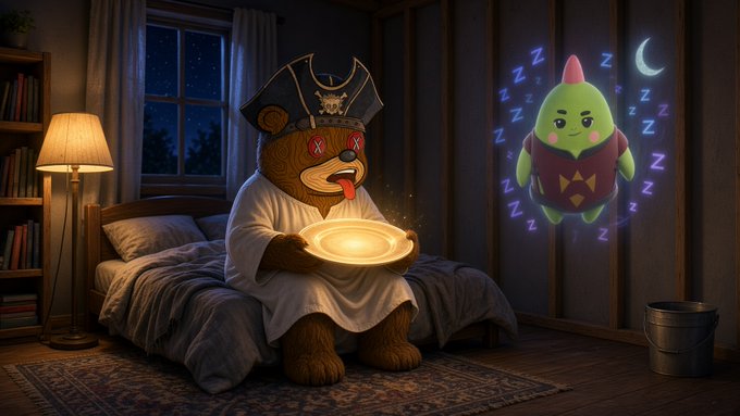A digital illustration of a teddy bear dressed as a pirate captain, sitting on a bed holding a glowing bowl, while a small green sleeping gnome character with 'Z's floats nearby.