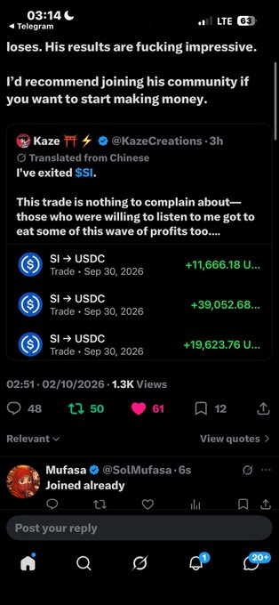 A screenshot of a Twitter/X post from 'Kaze @KazeCreations' promoting crypto trading profits with $SI to USDC trades showing gains of +$11,666.18, +$39,052.68, and +$19,623.76, with text saying 'I'd recommend joining his community if you want to start making money.'