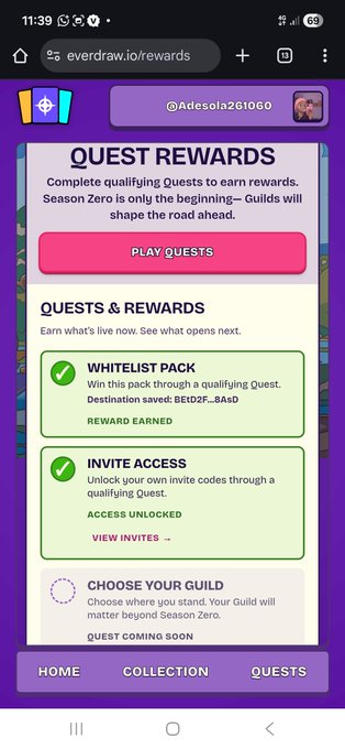 A mobile screenshot of the Everdraw.io Quest Rewards page displaying the username @Adesola261060, showing earned rewards including a Whitelist Pack with destination "BExD2F-_BaSD" and unlocked Invite Access. The page confirms successful completion of qualifying quests in Season Zero, aligning with the post's instructions to visit everdraw.io/quests to claim whitelist rewards.