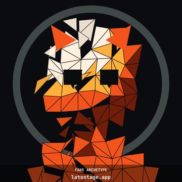 A geometric, low-poly style portrait of a character with orange and brown coloring, labeled 'FAME ARCHETYPE' at the bottom with the website 'latestage.app'.