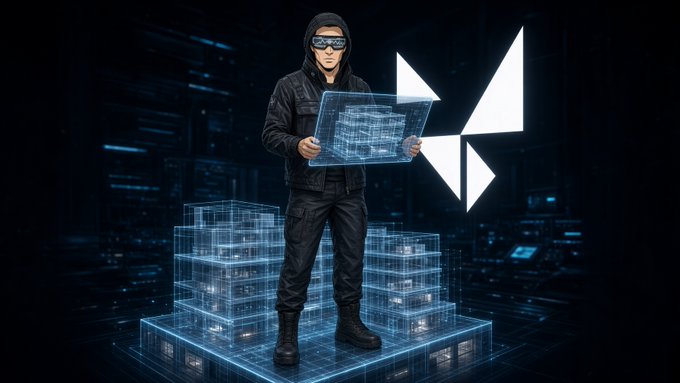 A digital illustration of a man in black tactical gear and goggles holding a glowing blue holographic blueprint, standing on wireframe building structures with a large white logo in the background.