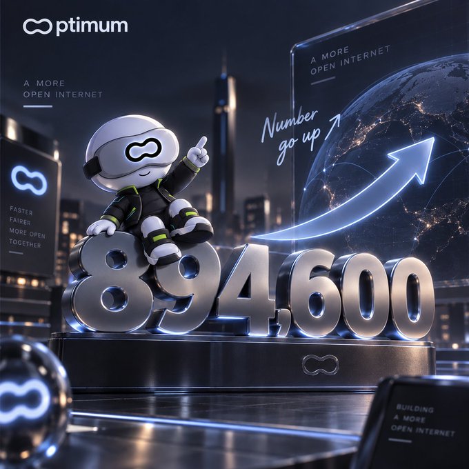 A promotional graphic for 'ptimum' featuring a 3D astronaut mascot sitting on large metallic numbers '89,460' with an upward arrow, a globe, and the tagline 'A MORE OPEN INTERNET.'