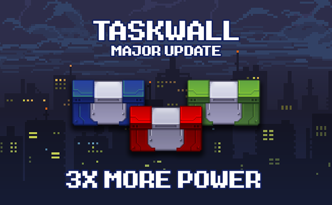 A pixel-art promotional graphic titled 'TASKWALL MAJOR UPDATE' displays three colored crates (blue, red, green) with the text '3X MORE POWER' against a city skyline at night.