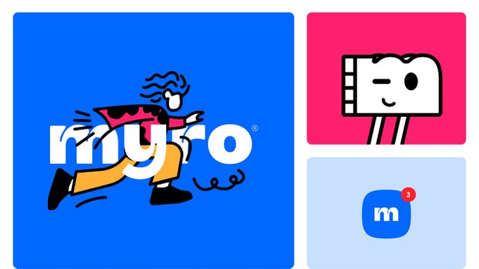 Promotional graphic featuring the "myfyo" logo with a running figure illustration on a blue background, alongside two smaller panels: a pink panel with a cartoon character and a light blue panel with a "m" notification icon.