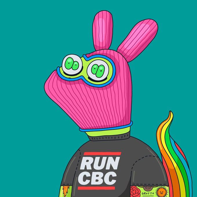 A colorful cartoon illustration shows a pink creature with green goggles wearing a jacket labeled 'RUN CBC' against a teal background.