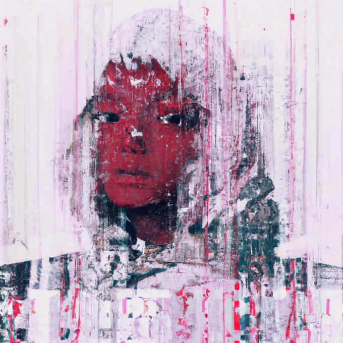A striking mixed-media portrait of a figure with a red, blood-like splattered face and drips cascading down a stark white background, visually echoing the raw emotional turbulence and artistic intensity referenced in the post.