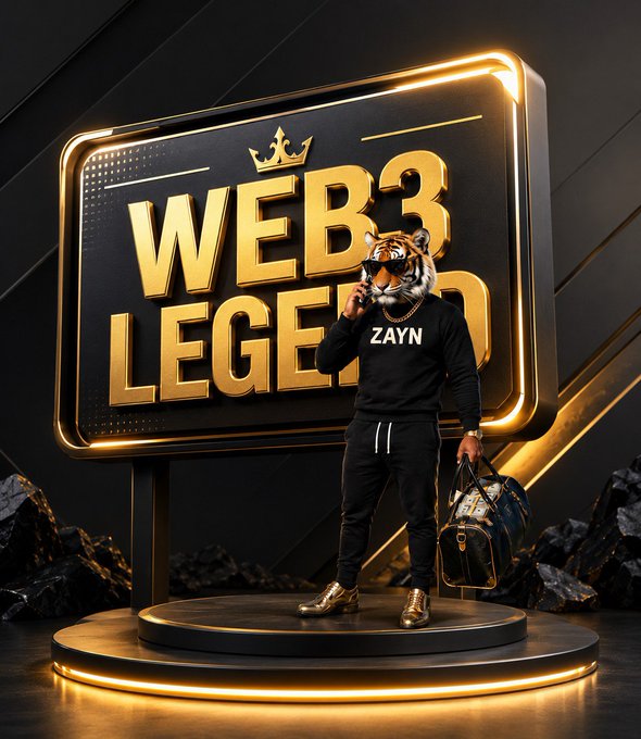A promotional image of a person in a black sweatshirt labeled "ZAYN" and a tiger mask, standing before a large sign reading "WEB3 LEGEND".