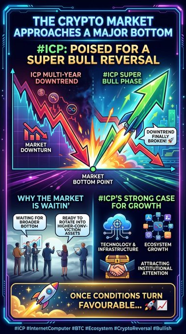 A vibrant neon infographic announcing "THE CRYPTO MARKET APPROACHES A MAJOR BOTTOM," highlighting #ICP as "POISED FOR A SUPER BULL REVERSAL" with charts depicting an ICP multi-year downtrend broken at the "MARKET BOTTOM POINT," alongside icons illustrating "TECHNOLOGY & INFRASTRUCTURE," "ECOSYSTEM GROWTH," and "ATTRACTING INSTITUTIONAL ATTENTION." The visual reinforces the post's thesis that ICP is positioned to be a major beneficiary of an imminent broad market reversal and the start of a new super bull phase.