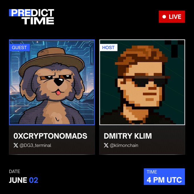 The image features a poster for a gaming event called "Prediction Time" that takes place at a trading terminal. The poster includes two cartoon characters - one dressed as a dog wearing sunglasses, and another dressed as a man with sunglasses and a hat. The text on the poster indicates that the event is scheduled to take place in June at 4 PM UTC.