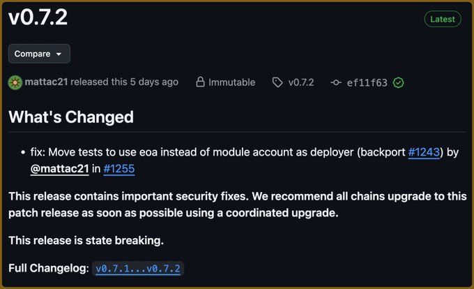 A GitHub release page for version v0.7.2 by mattac21, noting it is the latest release and contains important security fixes requiring a coordinated upgrade.