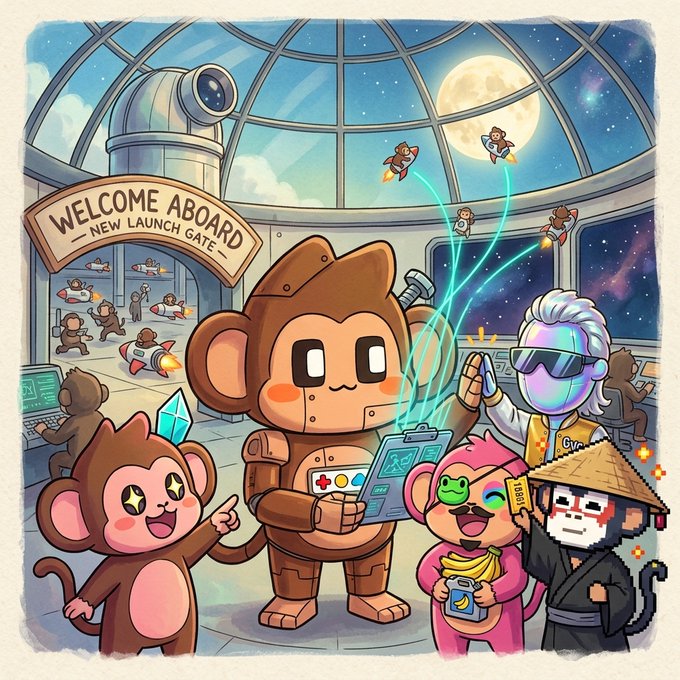 A colorful cartoon illustration showing various crypto/NFT characters in a space station setting, with a sign reading 'WELCOME ABOARD NEW LAUNCH GATE' and monkeys launching into space.