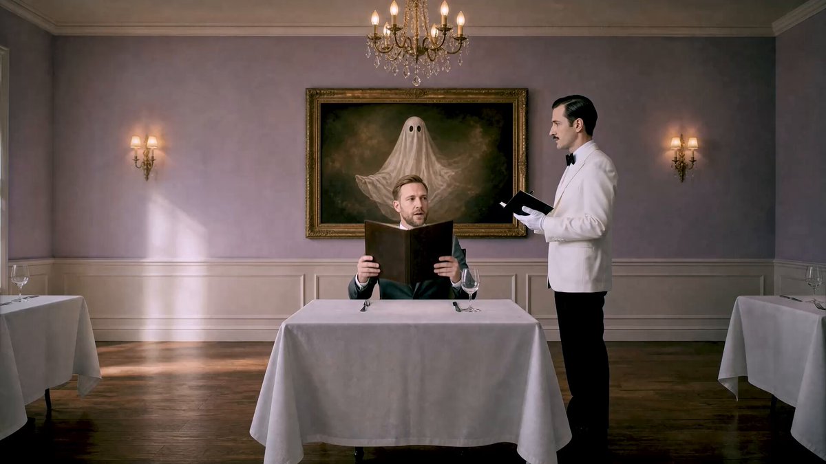 The image shows two men sitting at a table with white tablecloths, one of whom has a book open in front of him while the other man stands behind him. The room appears to be an upscale restaurant or dining area, as there are multiple tables and chairs visible throughout the scene. A chandelier hangs from the ceiling, adding elegance to the setting. The post includes questions about trading wallets for $850 and why someone would pay a convenience tax of $830 just to press swap on their wallet.