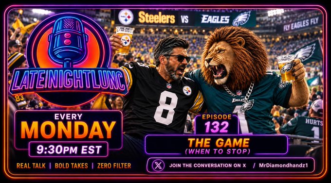 A promotional graphic for 'LATE NIGHT LUNC' Episode 132 titled 'THE GAME (WHEN TO STOP)' shows Steelers and Eagles fans, airing every Monday at 9:30PM EST.