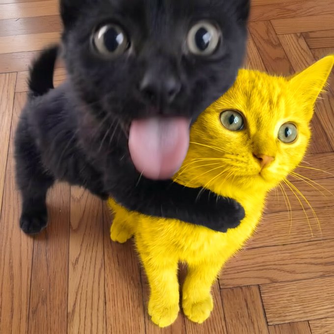 Two cats—one black and one dyed bright yellow—hug each other on a wooden floor, capturing the wild, unhinged energy of Friday night with friends.