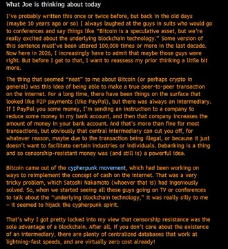 A screenshot shows a long post titled “What Joe is thinking about today,” discussing Bitcoin, blockchain, and why its author changed his skepticism toward crypto after learning about Hyperliquid and its underlying technology. It also mentions that Bloomberg’s Joe was persuaded by examples of real-world blockchain value, tying directly to the accompanying post about Hyperliquid.