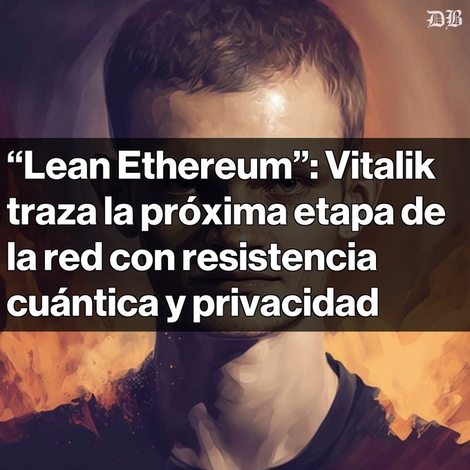 A stylized painted portrait of Vitalik Buterin with a Spanish headline reading '"Lean Ethereum": Vitalik traza la próxima etapa de la red con resistencia cuántica y privacidad'.