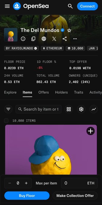 OpenSea NFT marketplace page showing 'The Del Mundos' collection by rayd3lmundo on Ethereum, with a floor price of 0.0239 ETH and 10,000 items.