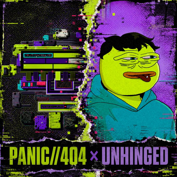 A stylized illustration with glitch effects featuring a yellow cartoon character next to digital interface elements, with text reading 'PANIC//404 x UNHINGED'.