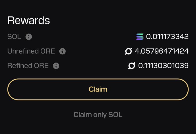 The screen shows the rewards page of a cryptocurrency wallet, named "Solana", which is currently unrefined. The main focus of the image is a claim button located at the bottom left corner, prompting users to claim their rewards. The reward values provided for each type are 1.0E+1 and 0.76E+34. This implies that if the wallet contains at least one Refined $ORE, it will be considered anOG wallet, and any future projects building on Solana's blockchain may start airdroping these unrefined rewards.