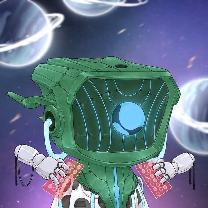 A digital illustration of a green robotic character with a screen-like face displaying a blue sphere, holding playing cards against a cosmic background with planets.