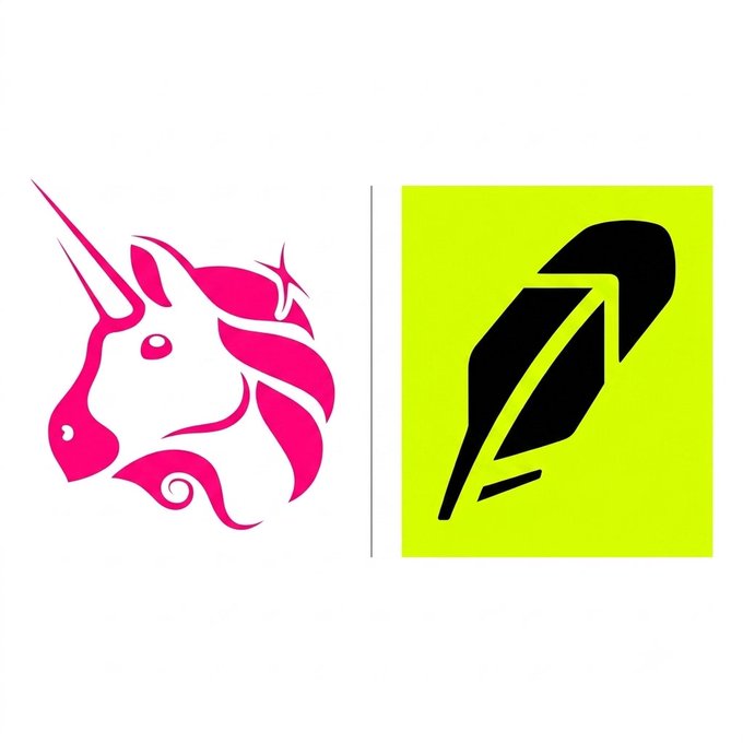 Two logos side by side: a pink unicorn head on the left and a black feather/leaf symbol inside a bright yellow-green square on the right.