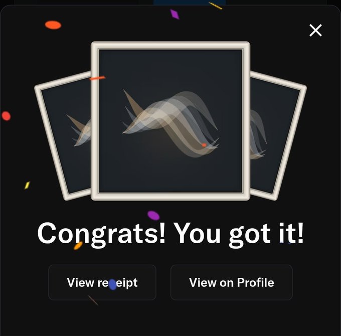 A digital celebration screen displays an abstract gold and silver ribbon design across three framed cards, with the text "Congrats! You got it!" and buttons to "View receipt" or "View on Profile," accompanied by colorful confetti—commemorating Max's successful minting of their first Robinhood NFT.