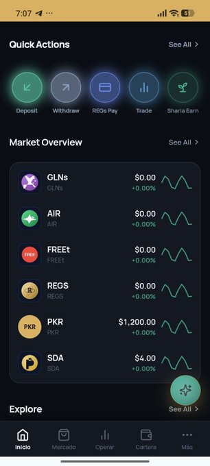 A cryptocurrency app interface displays the "Quick Actions" menu and "Market Overview," listing tickers including GLNS, AIR, FREEN, REGS, PKR ($1,200.00), and SDA—all showing 0.00% change. The REGS ticker is highlighted in the image, corresponding to the post's announcement that REGs Global has reached its Testnet phase ahead of Mainnet.