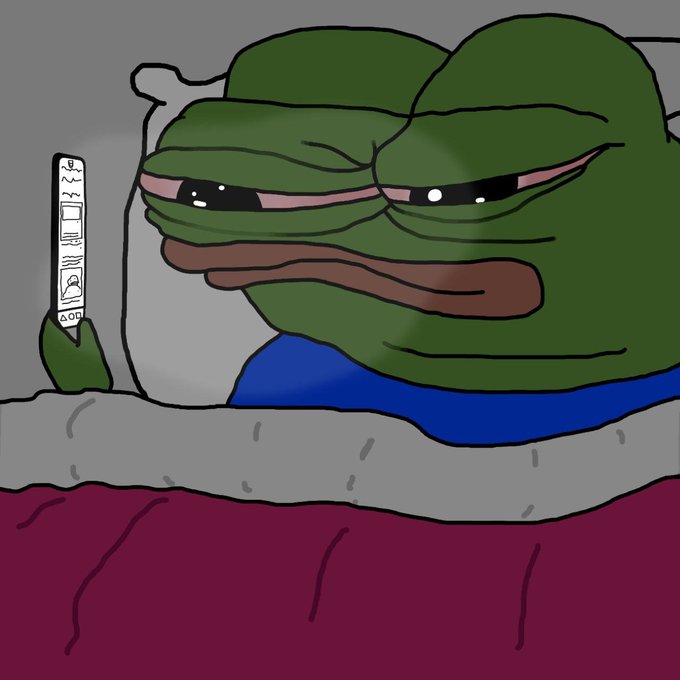 A drawing of a sick Pepe the Frog in bed with a thermometer, sweating and looking miserable, with a sad expression on his face.