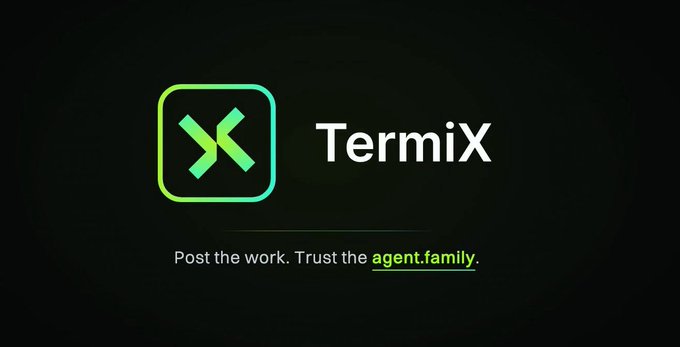 A logo screen for 'Termix' with a green X icon and the tagline 'Post the work. Trust the agent.family.'