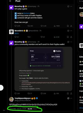 A screenshot of an X (Twitter) post by MoonPay announcing a community game and a $11,7285 token payout, highlighting a link to play.