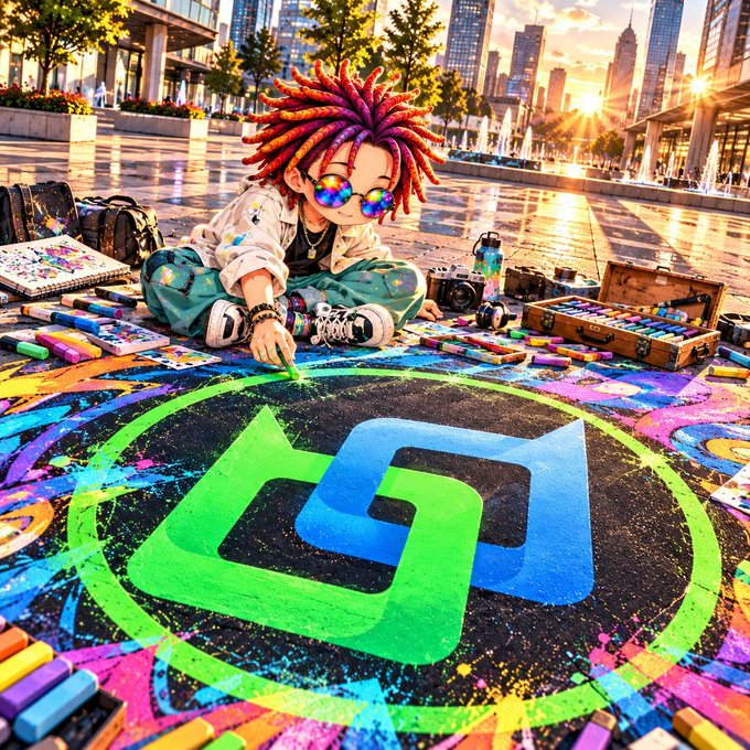 A digital illustration of a young street artist with dreadlocks creating a colorful chalk drawing of a blue and green interlocking logo on a city plaza.