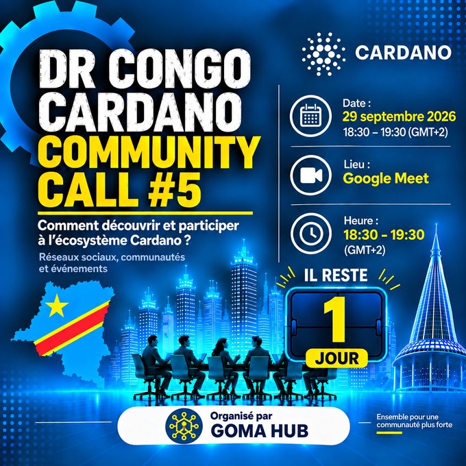 Event poster for 'DR CONGO CARDANO COMMUNITY CALL #5' on September 29, 2026 via Google Meet, organized by GOMA HUB.