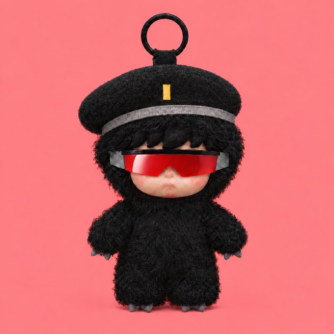A black plush toy figure wearing a beret with a yellow accent and red futuristic visor sunglasses stands against a pink background.