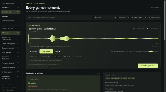 A dark-themed audio library website displaying 'Every game moment.' with a sound called 'Button click - variation 2' and its waveform visible.