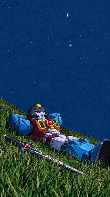 An artistic image depicts a Gundam figure lying on its back in grass under a starry night sky, with a sword resting beside it.